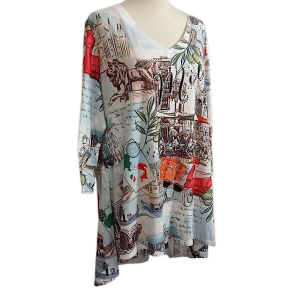 One World Graphic Tunic Top 1X Milan Artsy Plus Size Bling Asymmetric Sublimated - Picture 3 of 16
